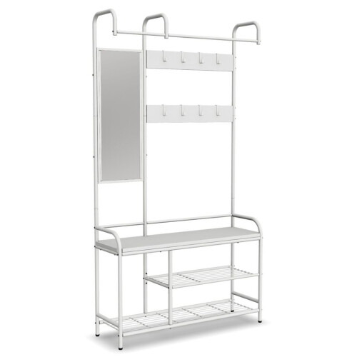 URBN Living (White & White) Hallway Coat Hanger Stand & Shoe Bench Storage 2