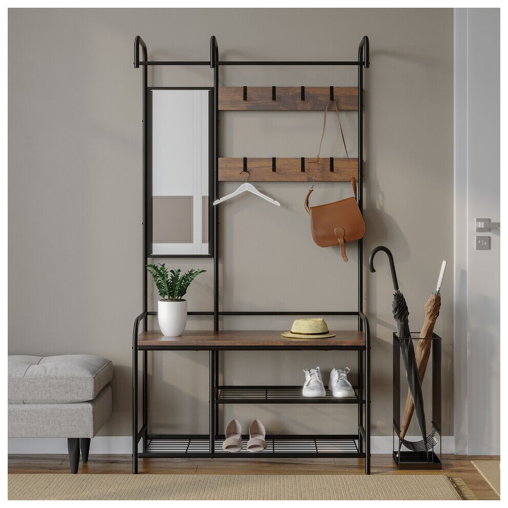 (Black & Rustic Oak) Hallway Coat Hanger Stand & Shoe Bench Storage