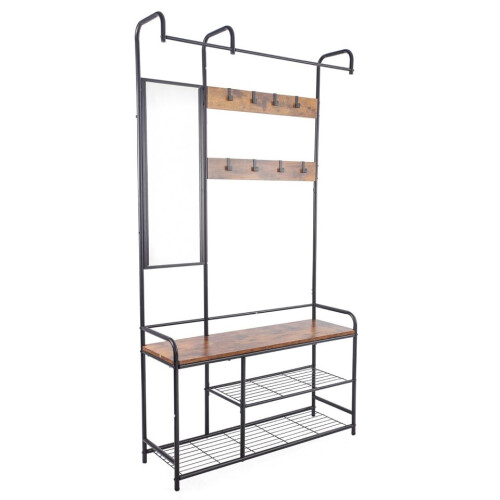 URBN Living (Black & Rustic Oak) Hallway Coat Hanger Stand & Shoe Bench Storage 2