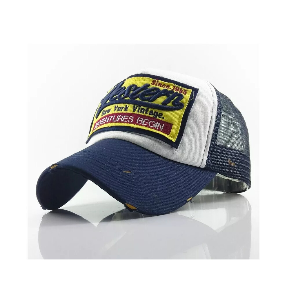 (Navy ) Distressed Western Trucker Mesh Baseball Hat Hip Hop Breathable Snapback Cap Blue