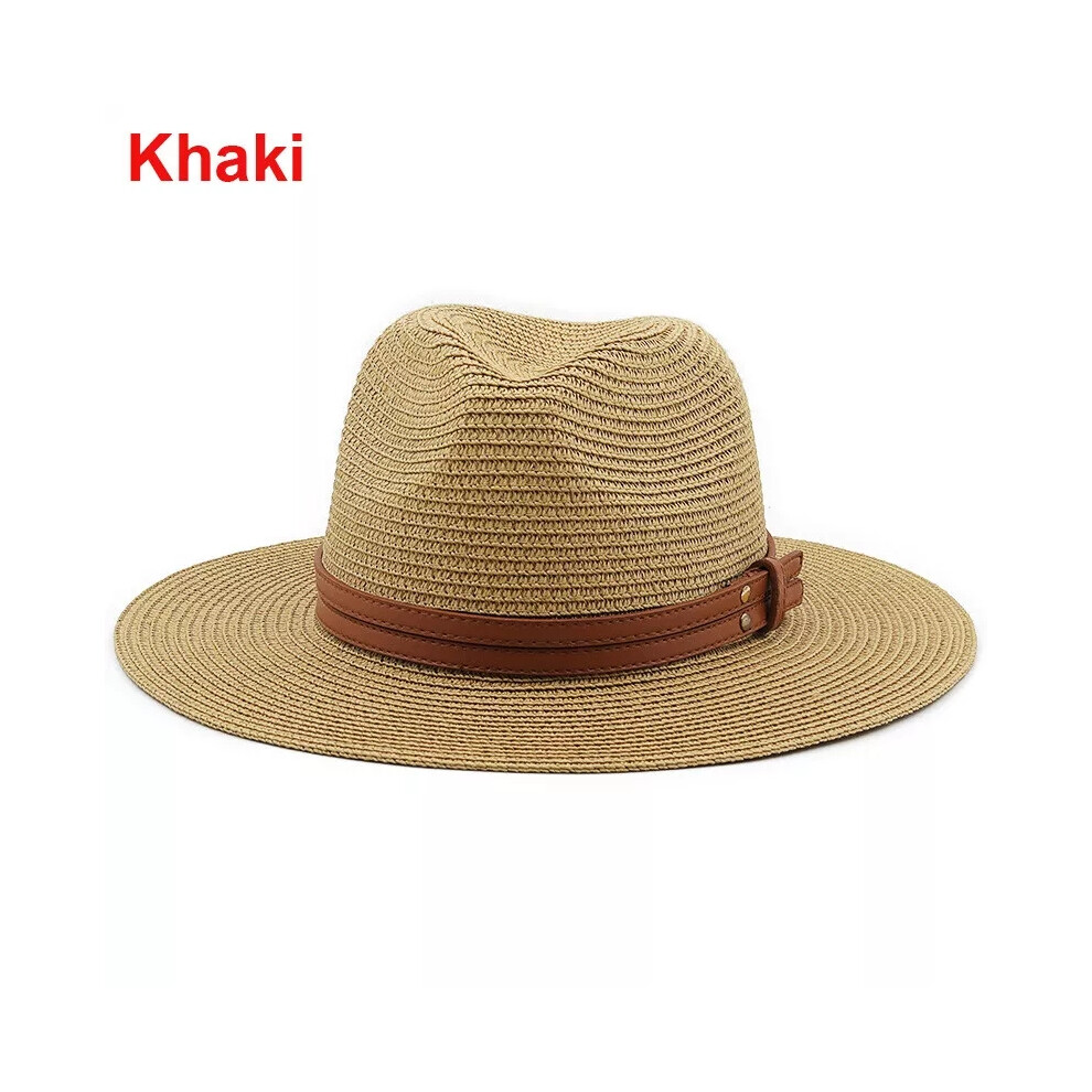 (59-60cm//23.2-23.6inches, Khaki) Foldable Men Women Wide Brim Panama Hats Straw Leather Band Fedora Sun Hat