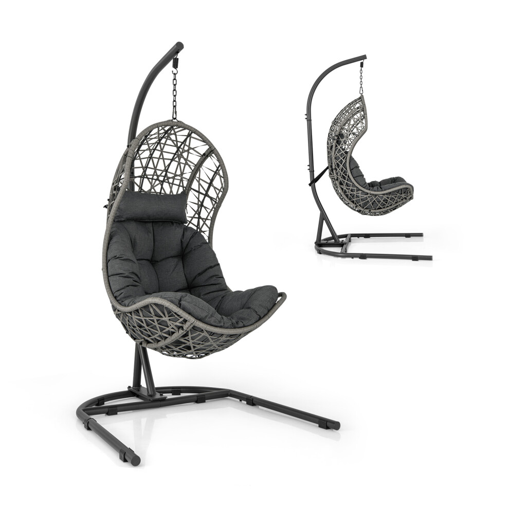 Hanging Egg Chair w/ Stand Patio Wicker Hammock Chair w/ Cushion