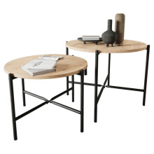 (Pine) 2-Pcs Round Wooden Nesting End Coffee & Side Table