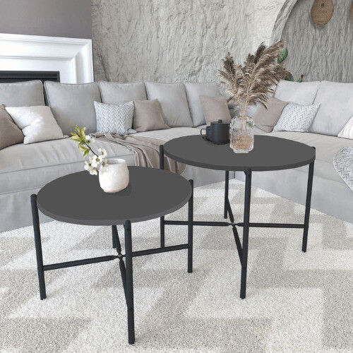 URBN Living (Anthracite) 2-Pcs Round Wooden Nesting End Coffee & Side Table 2