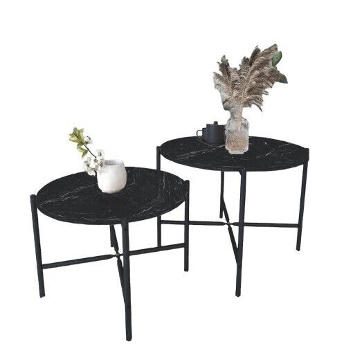 URBN Living (Black Marble) 2-Pcs Round Wooden Nesting End Coffee & Side Table
