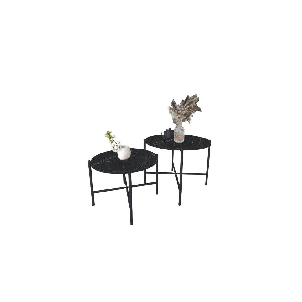 (Black Marble) 2-Pcs Round Wooden Nesting End Coffee & Side Table