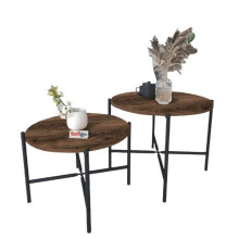 (Burnt Oak ) 2-Pcs Round Wooden Nesting End Coffee & Side Table