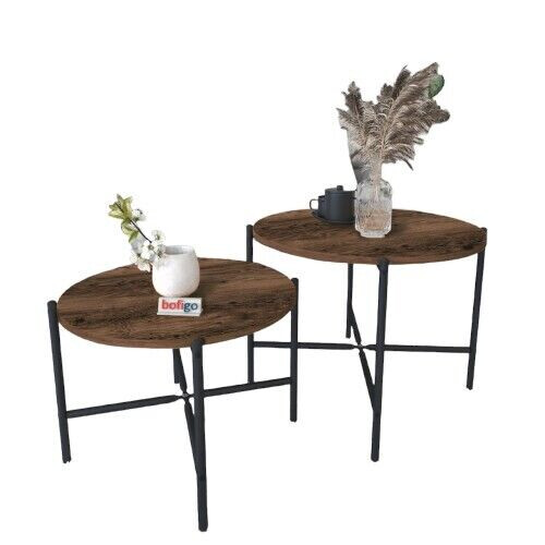 URBN Living (Burnt Oak ) 2-Pcs Round Wooden Nesting End Coffee & Side Table