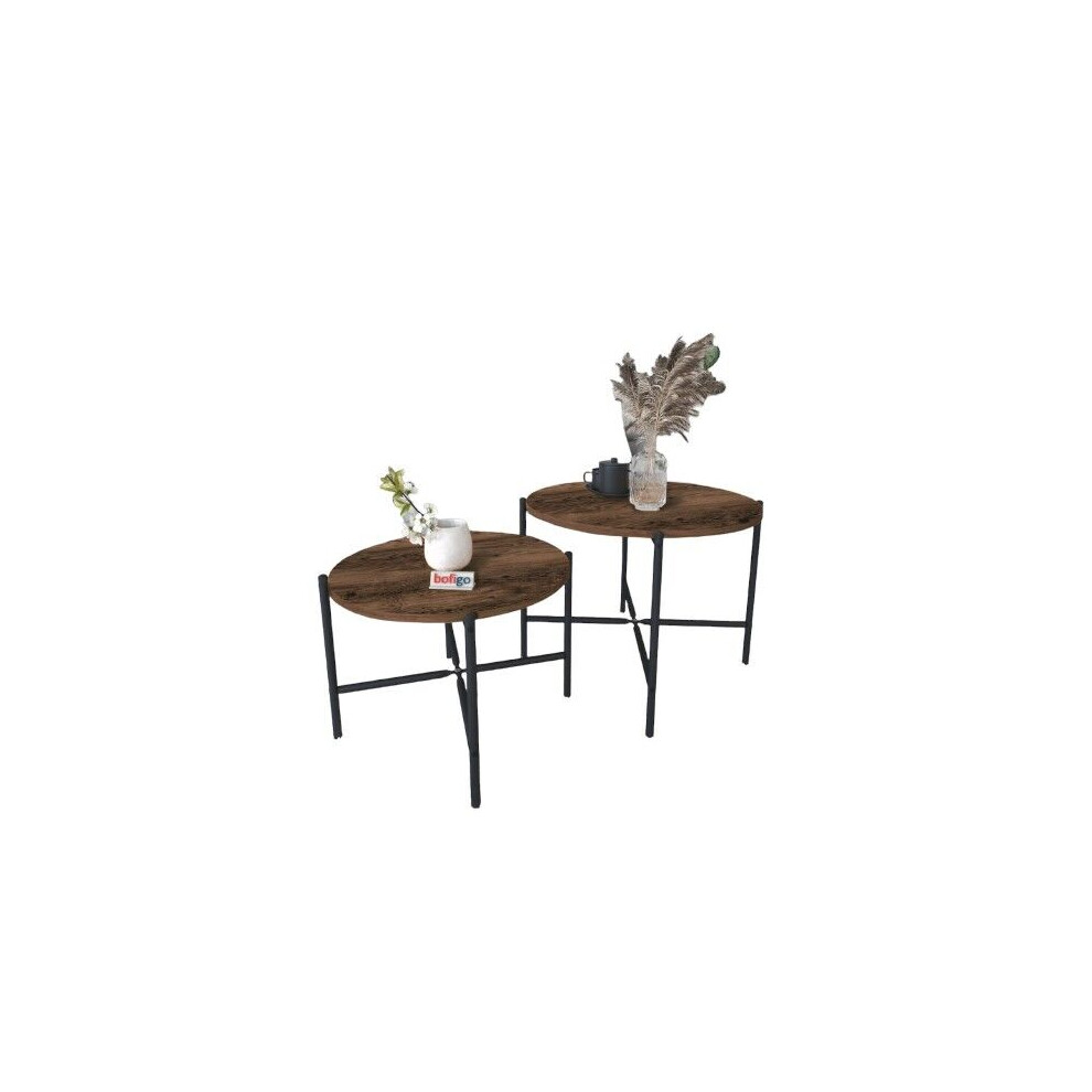 Urbn Living (Burnt Oak ) 2-Pcs Round Wooden Nesting End Coffee & Side Table Blue