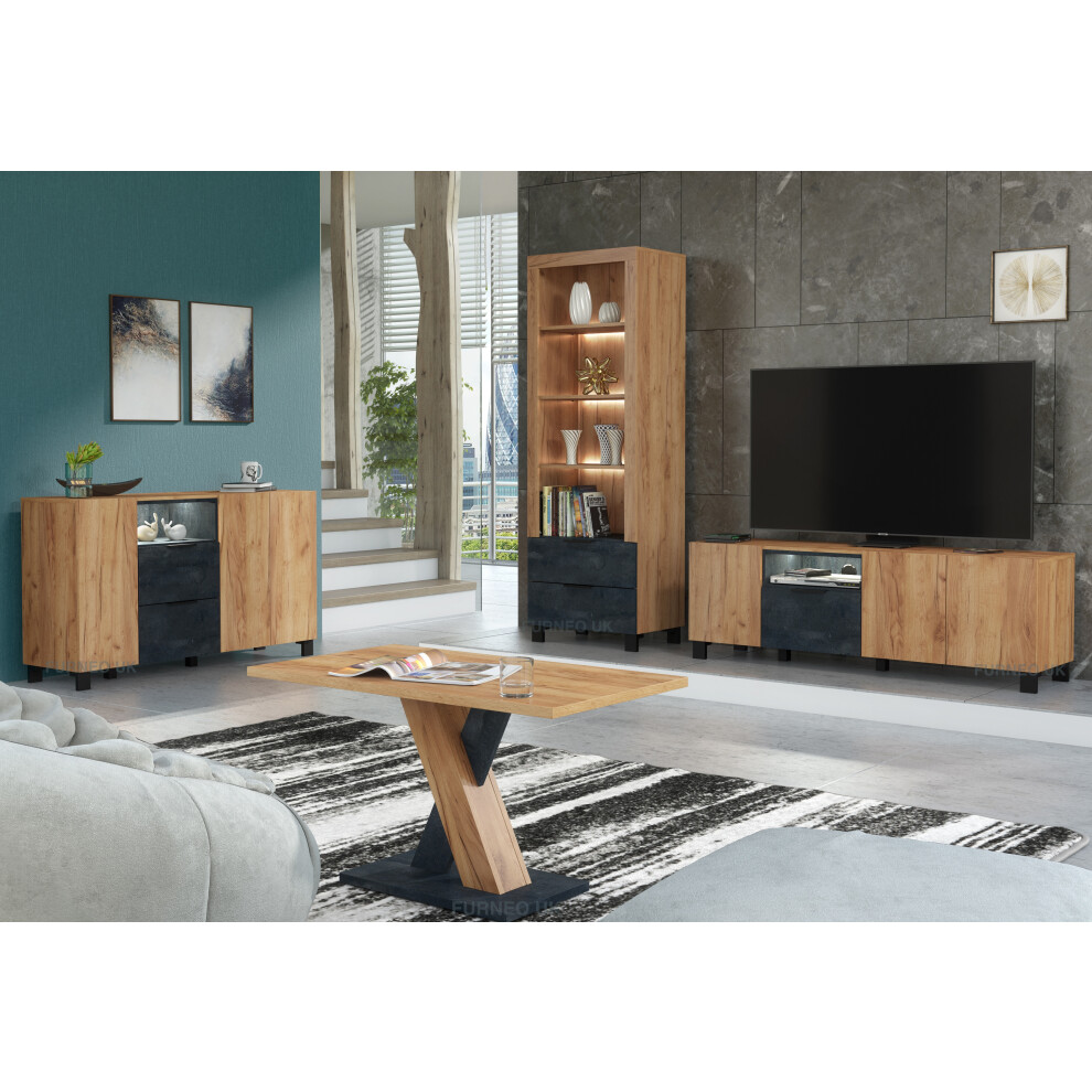 Furneo Living Room Set TV Stand Display Cabinet Sideboard Coffee Table Oak & Black Concrete Effect White LED Lights Enzo 2/4/6/8