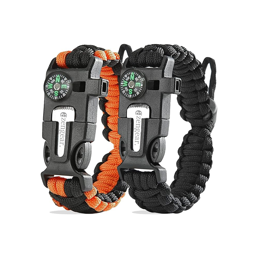 Azengear Store Azengear Paracord Survival Bracelet Flint Steel Fire Starter Compass Whistle Hiking Accessories Wild Camping Equipment Kit Bushcraft Emergency 2 Pack