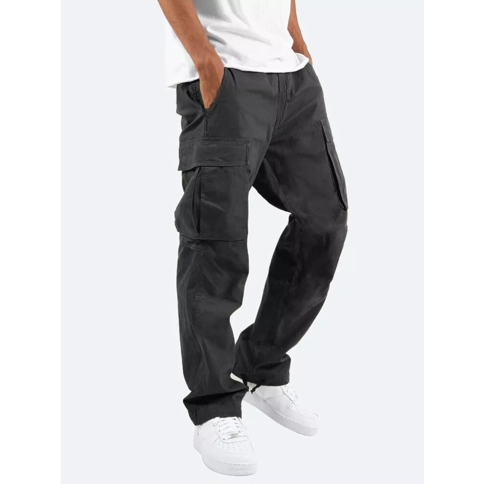 (Black, L) Mens Summer Chino Cotton Pants Work Combat Jeans Pant Work wear Cargo Trousers