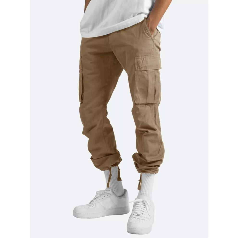 (Khaki, 3XL) Mens Summer Chino Cotton Pants Work Combat Jeans Pant Work Wear Cargo Trousers 8144480308255