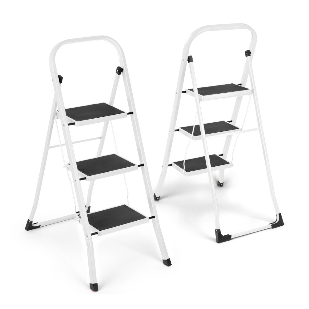 (White & Black) 3 Step Ladder Portable Compact Folding Metal Non Slip Stool Heavy Duty Steel