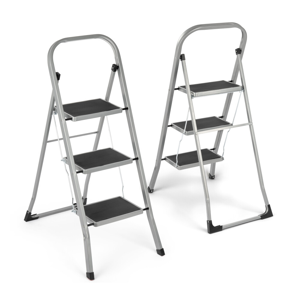 (Grey) 3 Step Ladder Portable Compact Folding Metal Non Slip Stool Heavy Duty Steel