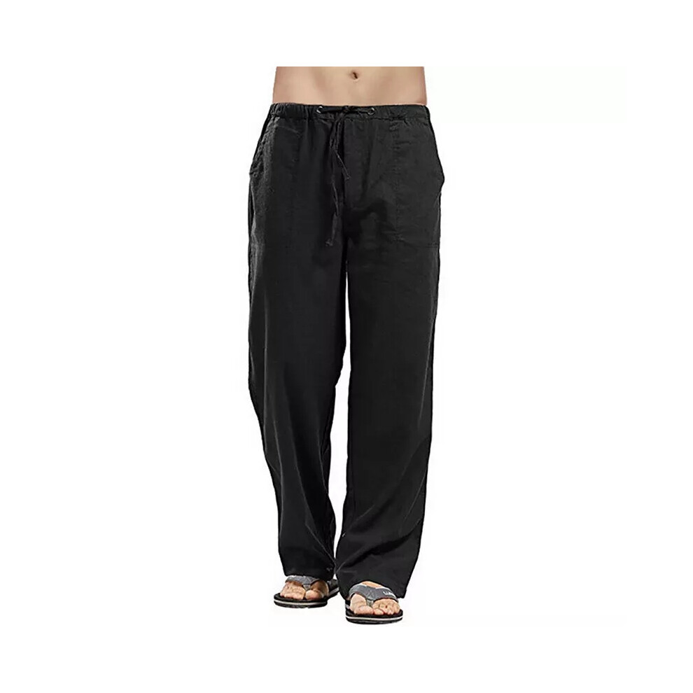 (Black, 5XL) UK Mens Baggy Linen Pants Summer Casual Loose Soft Elastic Waist Cotton Trousers