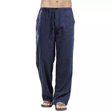 (Blue, 4XL) UK Mens Baggy Linen Pants Summer Casual Loose Soft Elastic Waist Cotton Trousers