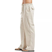 (Khaki, 4XL) UK Mens Baggy Linen Pants Summer Casual Loose Soft Elastic Waist Cotton Trousers