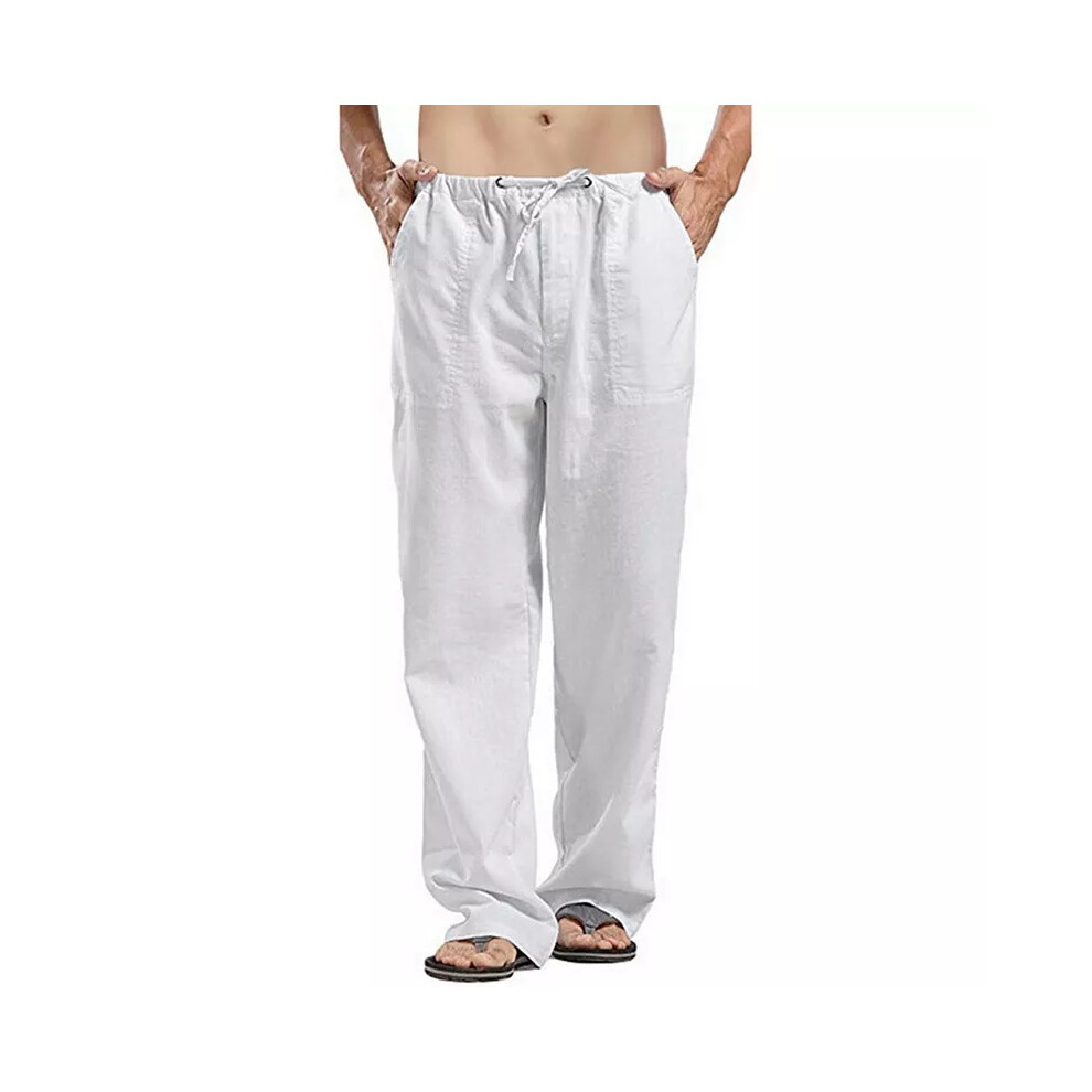 (White, M) UK Mens Baggy Linen Pants Summer Casual Loose Soft Elastic Waist Cotton Trousers