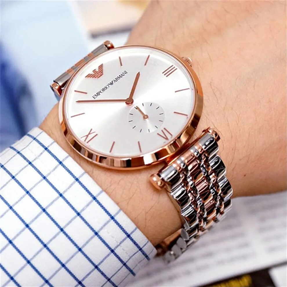 Emporio Armani AR1677 Mens Rose Gold Stainless Steel Silver Dial Watch