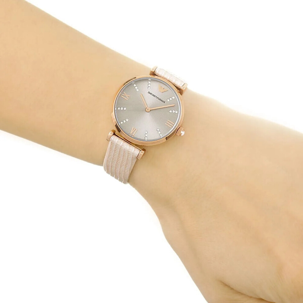 Armani AR1681 Ladies Watch Rose Gold Cream Leather Silver Crystal Dial