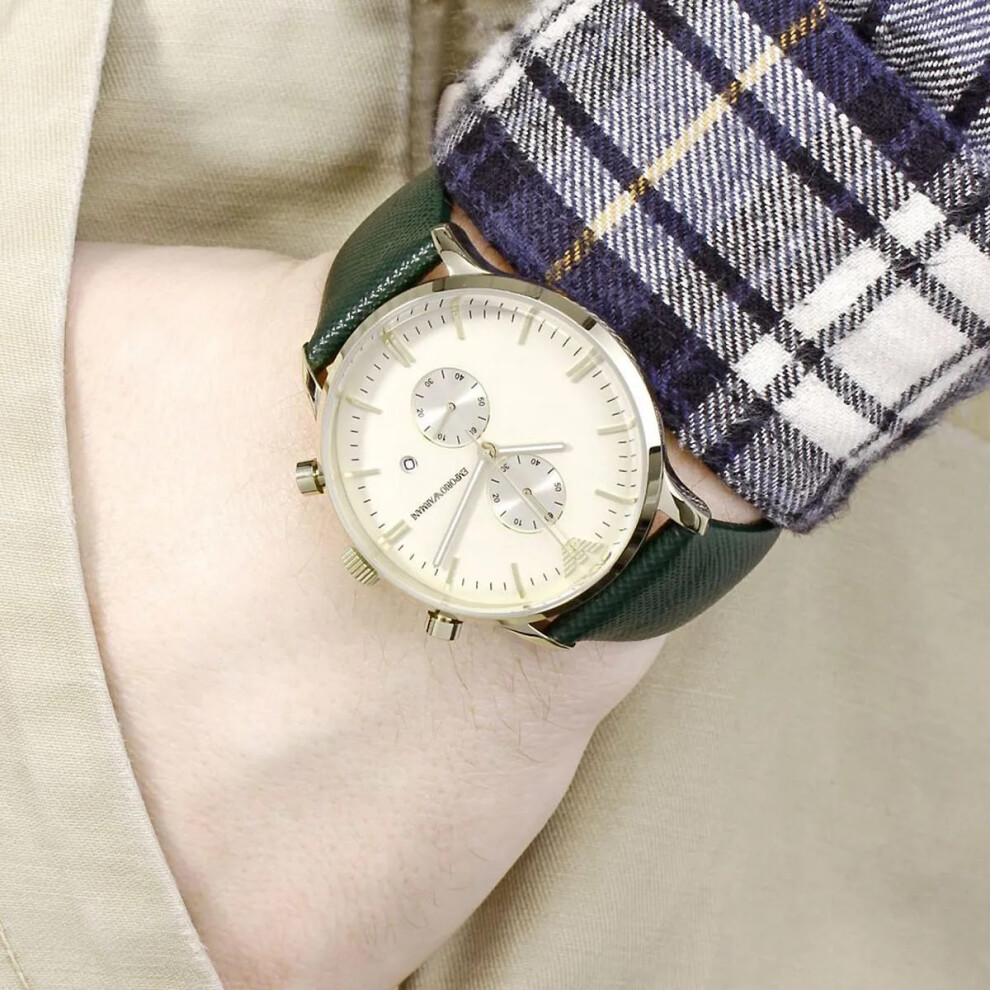 EMPORIO ARMANI AR1722 GOLD GREEN LEATHER CHRONOGRAPH MENS WATCH