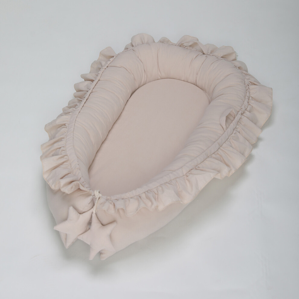 (Beige) Baby Newborn Pod Nest Ruffle Cocoon Bed Cushion Cotton Lace Sleep Solid Color