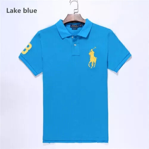(Lake blue, M) Men's Custom  Shirt Cotton Short Sleeve Large Pony