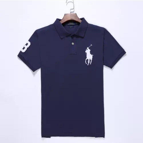 (Navy & white, S) Men's Custom  Shirt Cotton Short Sleeve Large Pony