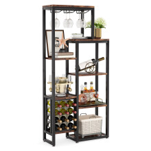 Tribesigns 5-Tier Wine Rack with Glass Holder - Rustic Brown & Black Floor Stand, Holds 12 Bottles and 6-12 Glasses, 3-in-1 Display & Storage