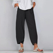 (Black, M=UK 8) Ladies Summer Cotton Linen Baggy Trousers Plus Size Womens Casual Harem Pants