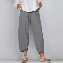 (Light Gray, M=UK 8) Ladies Summer Cotton Linen Baggy Trousers Plus Size Womens Casual Harem Pants