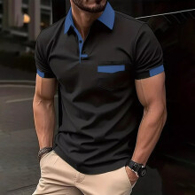 (Black, M = 38) Men's Button Formal Blouse Tops Casual Loose Summer Tunic T Shirt Tee Polo Shirt