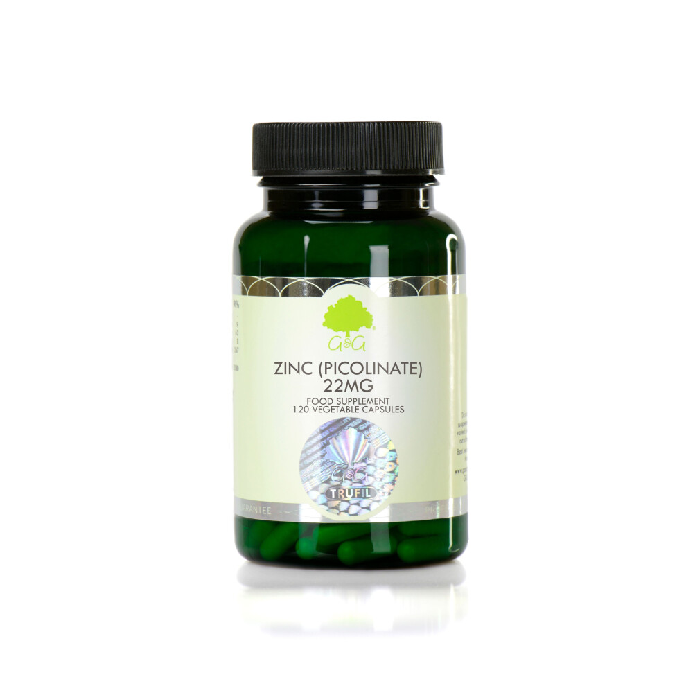 G&G Vitamins Zinc Picolinate 120 Vegan Capsules | 22mg Elemental Zinc per Capsule | Chelated Zinc for improved Absorption | Herbal Food Supplement