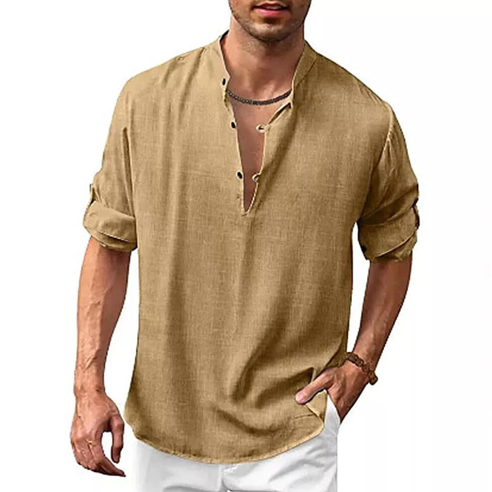 brown XXXL Mens Long Sleeve Linen Cotton T Shirt Tunic Shirt Blouse Tops Beach Casual on OnBuy