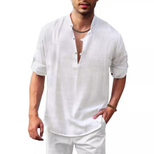 (white, L) Mens Long Sleeve Linen Cotton T-Shirt Tunic Shirt Blouse Tops Beach Casual /
