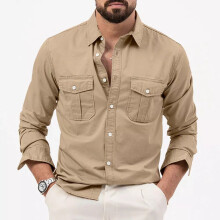 (Khaki, UK M (Tag L)) Mens Soft Cotton Tactical Long Sleeve Shirt Casual Militar Cargo Tops Shirts