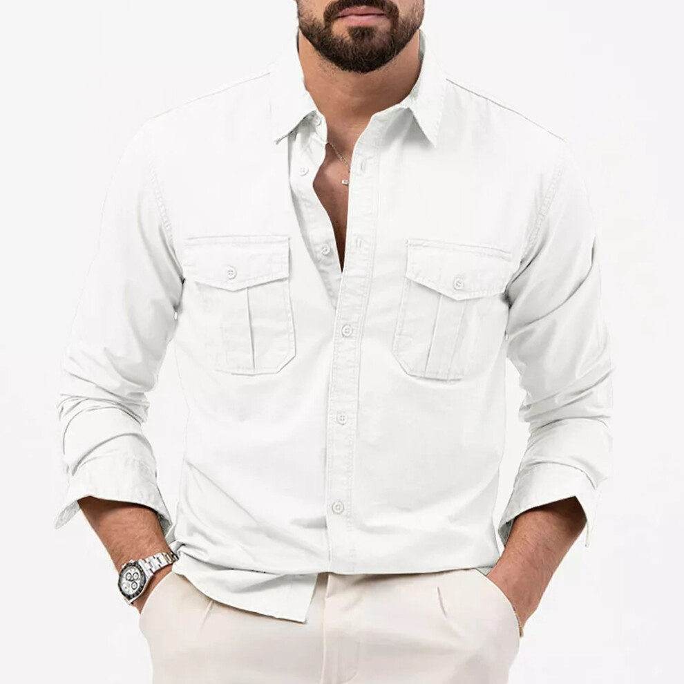 (White, UK L (Tag XL)) Mens Soft Cotton Tactical Long Sleeve Shirt Casual Militar Cargo Tops Shirts