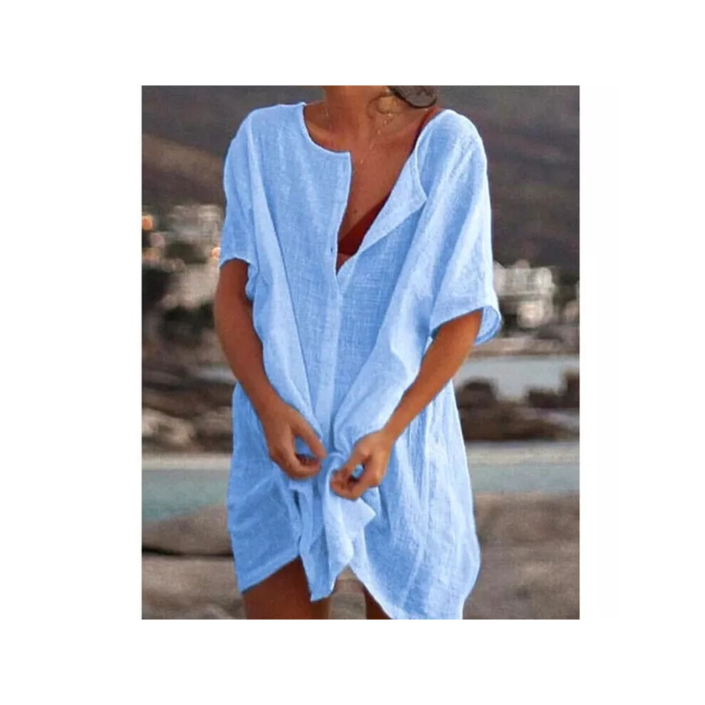 (blue, XL=UK14) Ladies Summer Beach Bikini Swimwear Short Dress Beachwear Short Shirt Cover Up