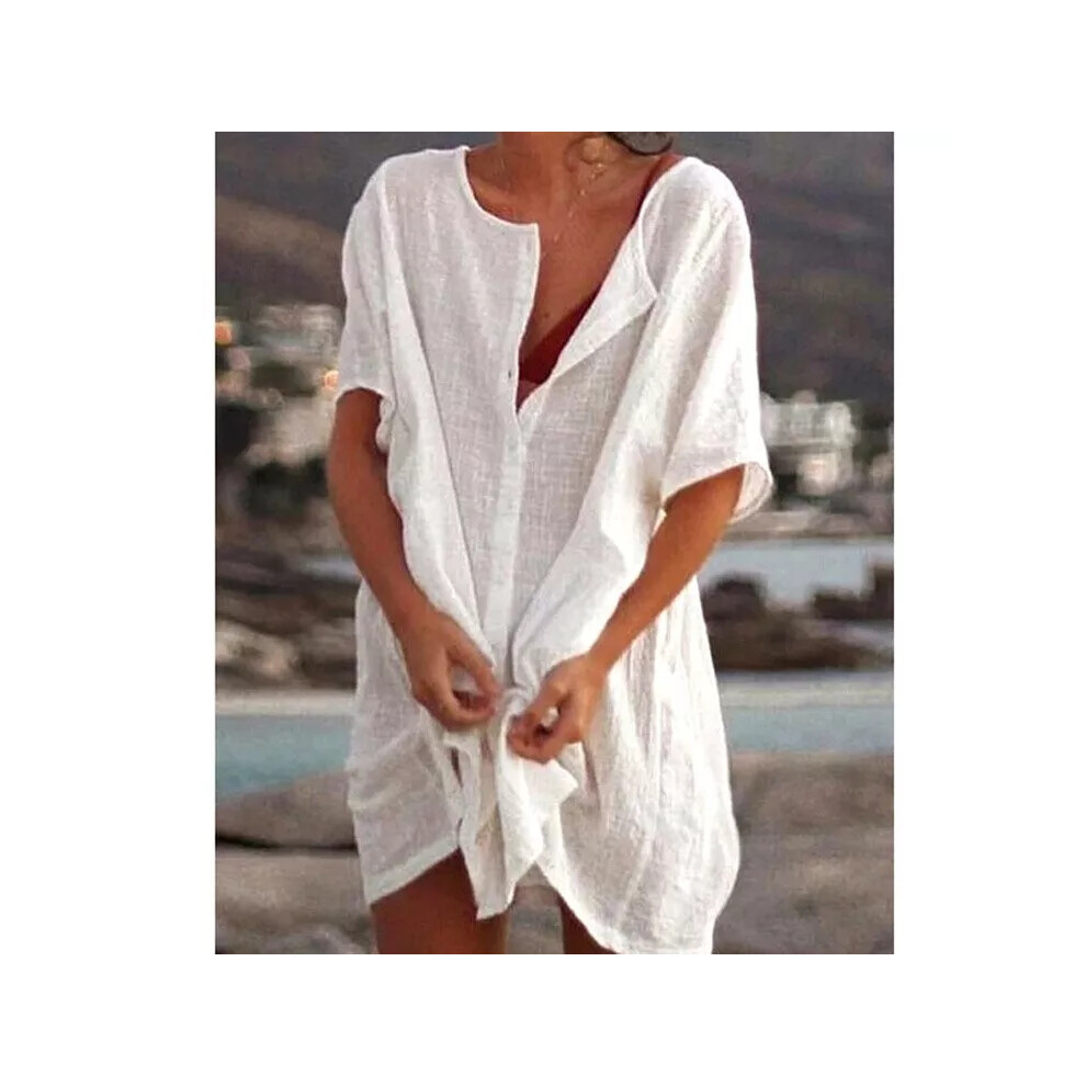 (white, L=UK12) Ladies Summer Beach Bikini Swimwear Short Dress Beachwear Short Shirt Cover Up