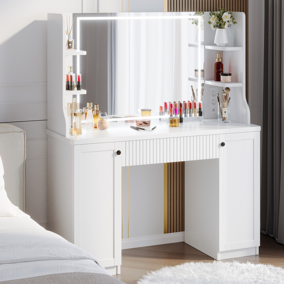 (White, Big) Dressing Table Set with Hollywood LED Lights Mirror