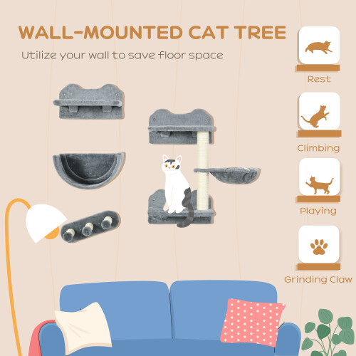 PawHut PawHut Wall Mounted Cat Tree 4PC Kitten Activity Centre with Sisal, Grey 2