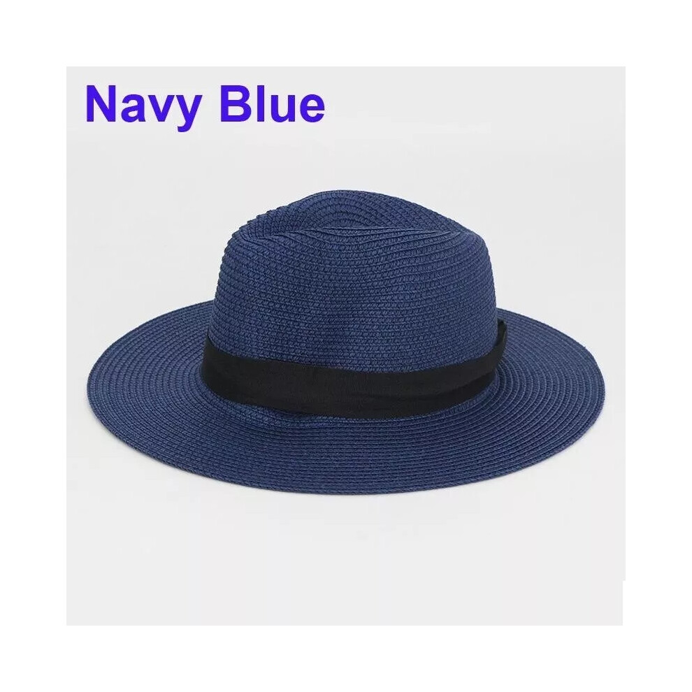 (Navy ) Mens Ladies Panama Style Sun Hat Crushable Wide Brim Fedora Straw Summer 25Color Blue