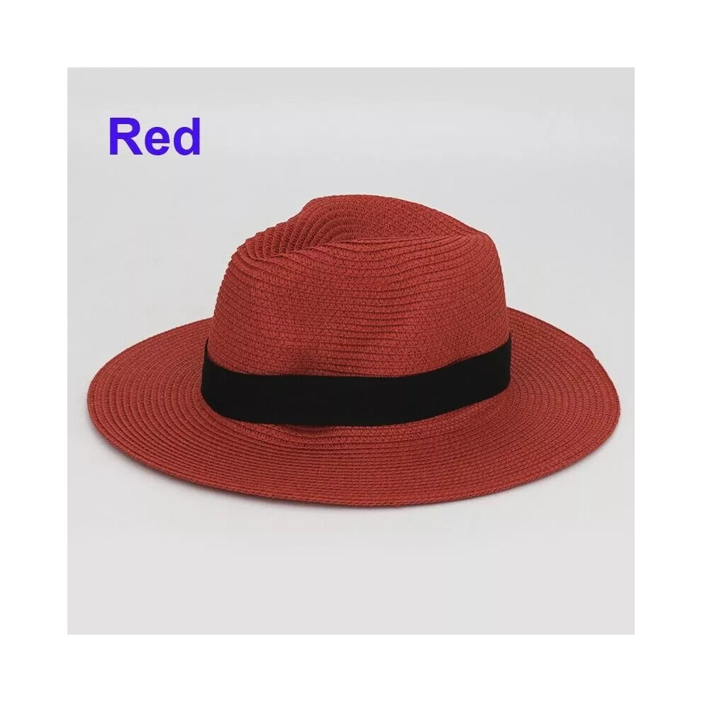 (Red) Mens Ladies Panama Style Sun Hat Crushable Wide Brim Fedora Straw Summer 25Color Red