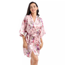 (Pink, L) UK Floral Robe Satin Wedding Bridesmaid Birthday Party Dressing Gown Sleepwear