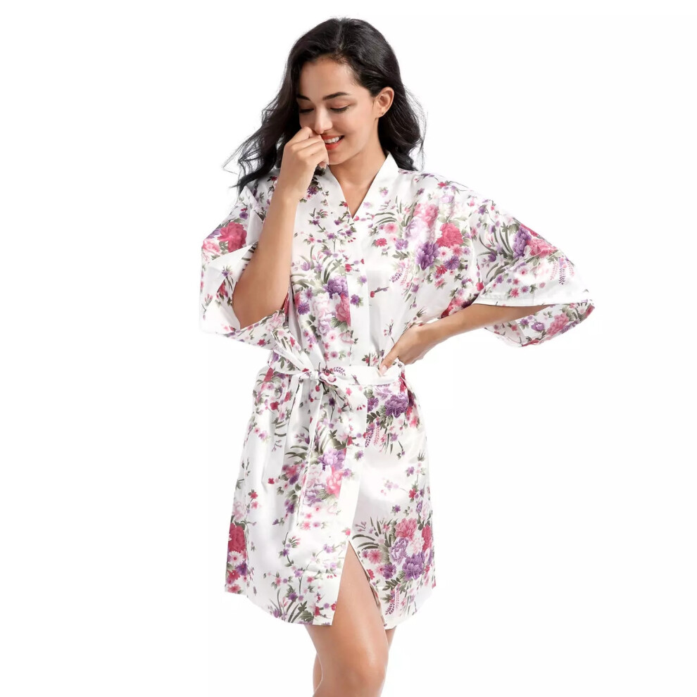 (White, M) UK Floral Robe Satin Wedding Bridesmaid Birthday Party Dressing Gown Sleepwear
