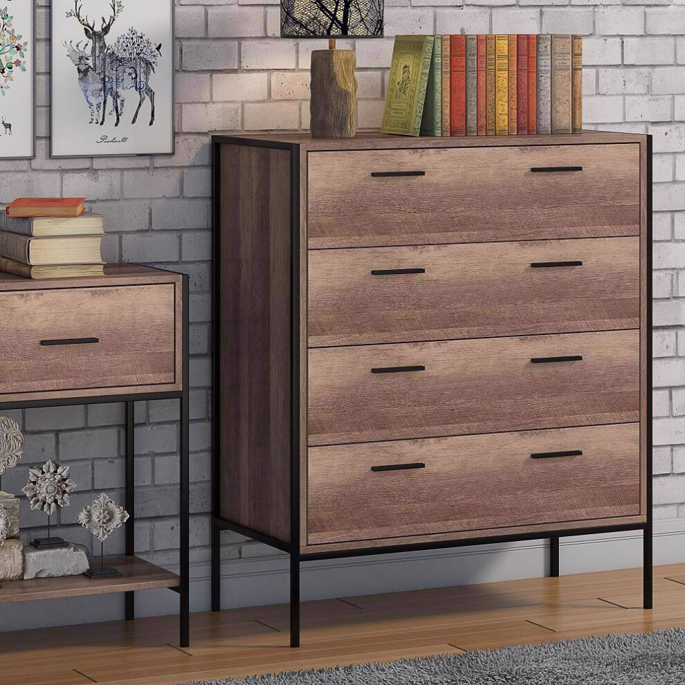 FWStyle Loft Industrial Oak Effect Chest of 4 Drawers Bedroom Furniture
