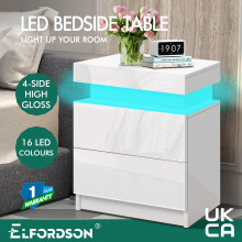 (PERLA - 2 DRAWERS (WHITE)) ELFORDSON Bedside Table RGB LED Nightstand 2/3 Drawers 4 Side High Gloss