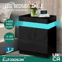(PERLA - 2 DRAWERS (BLACK)) ELFORDSON Bedside Table RGB LED Nightstand 2/3 Drawers 4 Side High Gloss