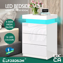 (PERLA - 3 DRAWERS (WHITE)) ELFORDSON Bedside Table RGB LED Nightstand 2/3 Drawers 4 Side High Gloss